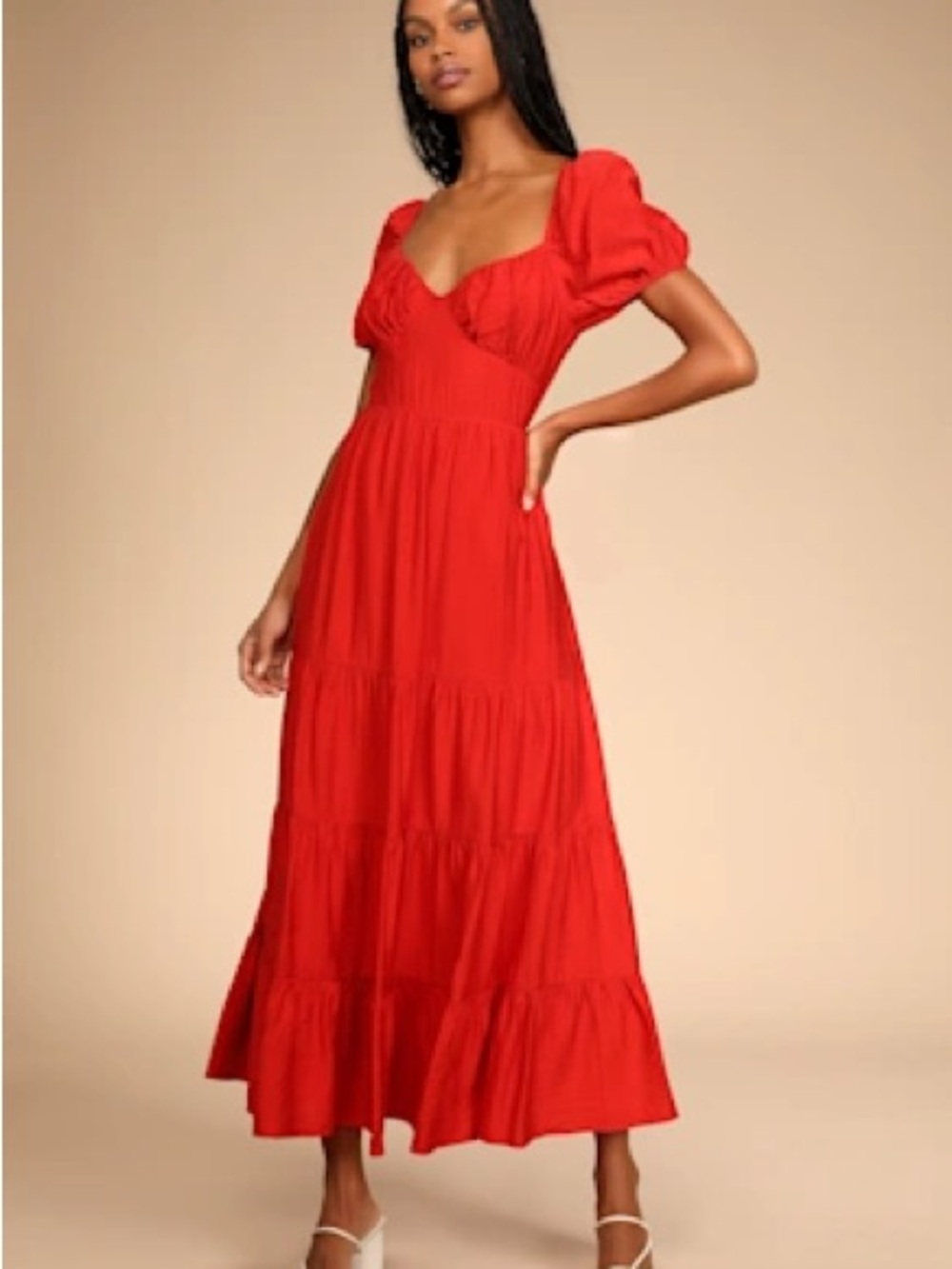 Lulu's | Red Puff-Sleeve Tiered Maxi Dress